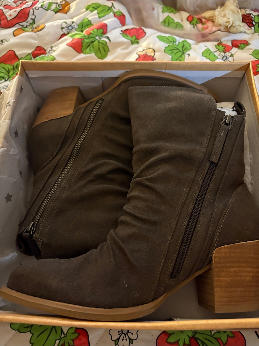 Very G Brown Suede-Look Ankle Booties with Side Zipper